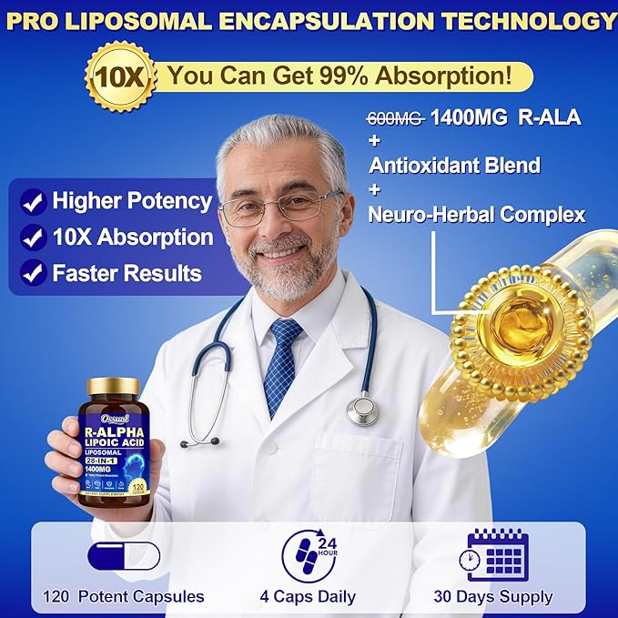 R Alpha Lipoic Acid 1400mg Neuropathy Supplements 28-in-1 Stabilized ALA Supplements with L-Carnitine NAC &amp Benfotiamine R-ALA Supplement Antioxidant for Nerve Brain Energy丨Vegan 240 Capsule