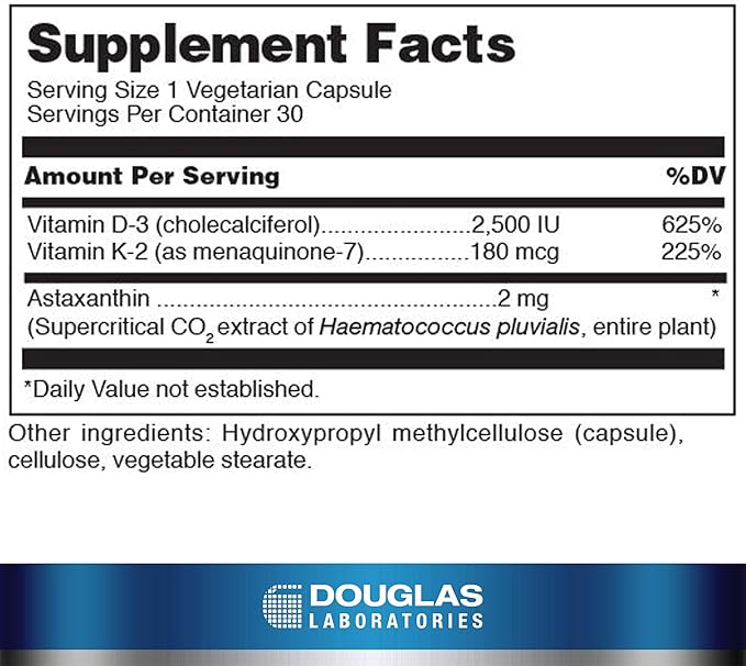 Douglas Laboratories K2-D3 with Astaxanthin - Antioxidant Support for Bones Immune Function &amp Vascular Health* - With Menaquinone-7 &amp D Vitamin - 30 Vegetarian Capsules