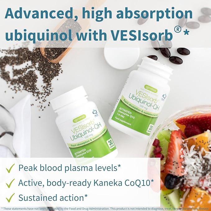 Igennus Advanced VESIsorb Ubiquinol 100mg 90 Softgels 600% Bioavailability Fast-Acting Water-Soluble Coenzyme Q10 Supplement for Energy &amp Heart 3-Month Supply