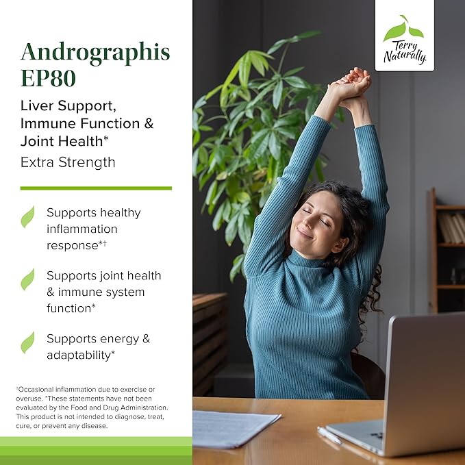 Terry Naturally Andrographis EP80 Extra Strength - Brain Health &amp Immune Support - Joint Health Supplement to Aid Mobility - Vegan Adaptogen Supplement for Energy &amp Liver Support - 60 Capsules