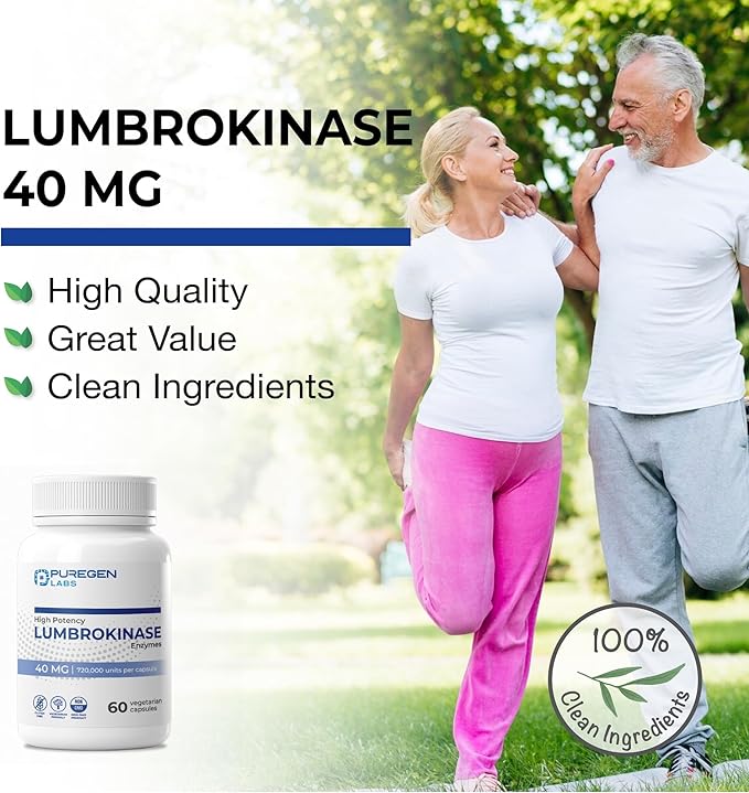 Puregen Labs Lumbrokinase 40mg per Capsule High Potency Supplement | High Activity Lumbrokinase Enzymes | No Harmful Additives | Non-GMO | Gluten Free - Total 120 Vegetarian Capsules