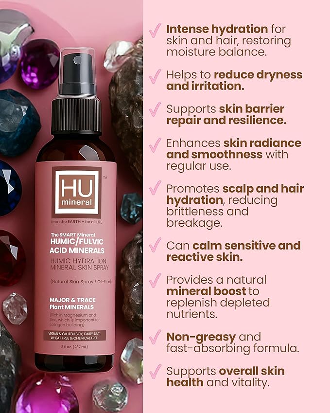 2X Humic Hydration Mineral Spray – Organic Humic Acid Fulvic Acid Spray with Major &amp Trace Minerals Electrolytes &amp Silica to Boost Collagen - Plant-Based for Skin Hair &amp Body Hydration