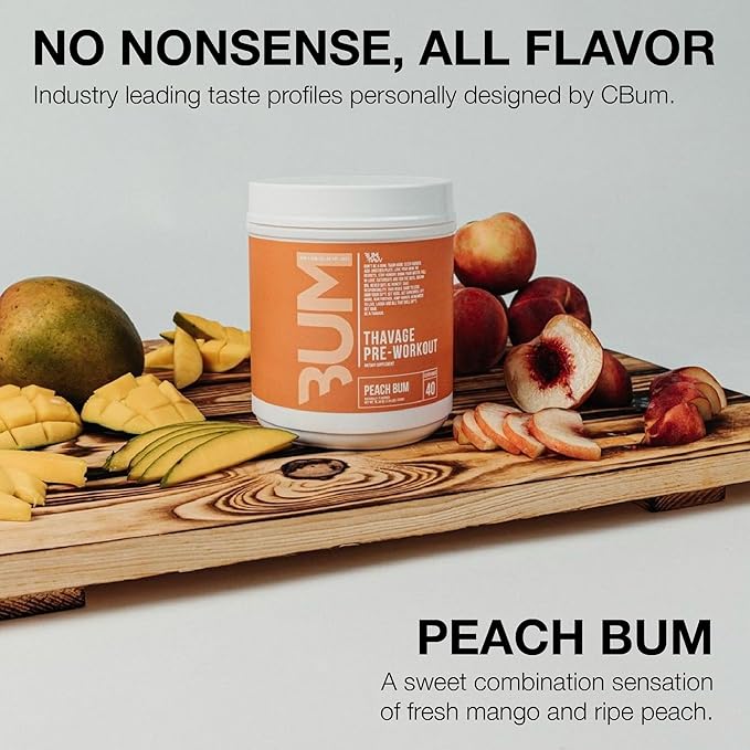 RAW Preworkout Powder Thavage (Peach Bum) - Chris Bumstead Sports Nutrition Supplement for Men &amp Women - Cbum Pre Workout for Working Out Hydration Mental Focus &amp Energy - 40 Servings