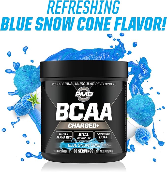 PMD Sports BCAA Charged Delicious Amino Acid Drink Mix for Performance Recovery Endurance and Hydration - Increase Muscle Function for Workout and Daily Energy – Blue Snow Cone (30 Servings)
