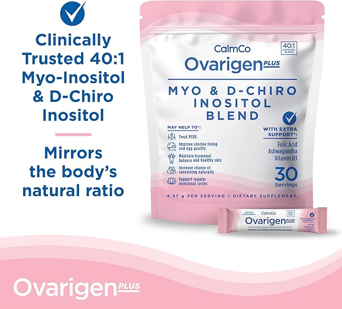 CalmCo Ovarigen Plus Myo-Inositol &amp D-Chiro Inositol Supplement for Women – 40:1 Powder with Folic Acid Ashwagandha &amp Vitamin D3 Fertility Supplements for PCOS Ovarian Support (30 Sachets)