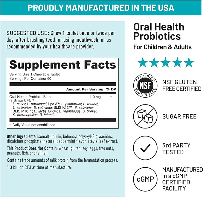 NatureWise Oral Probiotics for Mouth Bad Breath - Chewable Sugar-Free Mint - Lactobacillus reuteri Chewable - Oral Probiotics For Kids &amp Adults - Non-GMO USA Manufactured - 60 Count[60-Day Supply]