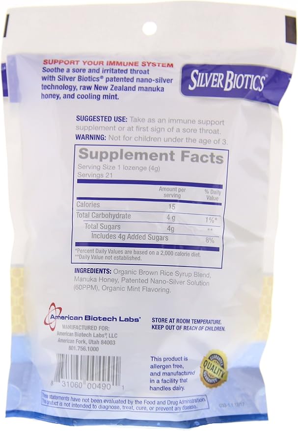 American Biotech Labs Silver Biotics Silver Lozenges w/60ppm SilverSol and Manuka Honey Mighty Manuka Mint (21 Count) (2 Pack)