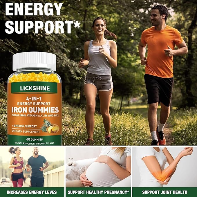 lickshine 2 Pack Vegan 100MG Iron Supplement Gummies for Women &amp Men - with Vitamin C A B for Adults &amp Kids - Energy Support for Iron Deficiency Anemia - Pineapple Flavor (120 Ct)