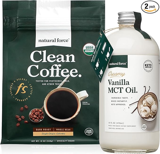 Natural Force Dark Roast Clean Coffee + Creamy Vanilla MCT Oil Bundle – Flavored MCT Creamer &amp Mold &amp Mycotoxin Free Coffee – Non-GMO Keto Paleo and Vegan - 12 Oz Bag and 16 Oz Glass Bottle