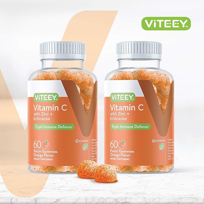 VITEEY Vitamin C Gummies for Adults &amp Teens with Zinc &amp Echinacea - Immune Support Gummies - Immune Booster - Vegan Gelatin Free Gluten Free GMO Free - Tasty Vitamin C Chewable Orange Flavo