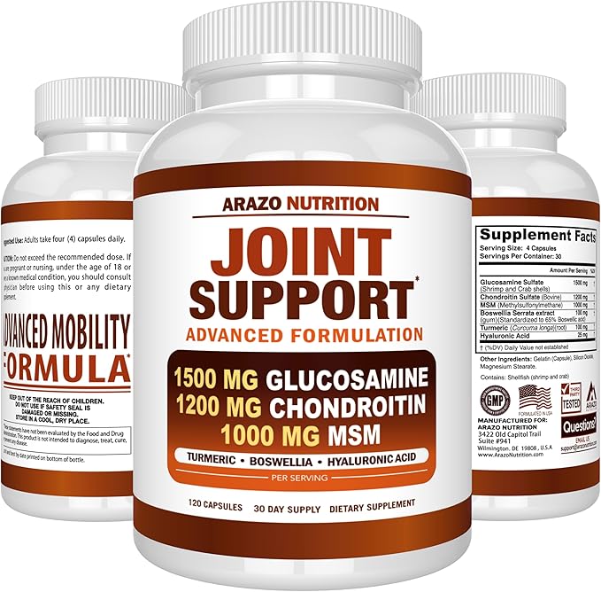 Arazo Nutrition Glucosamine Chondroitin Turmeric Msm Boswellia - Joint Support Supplement for Relief 120 Capsules for Bones Back Knees Hands (120 Capsules)