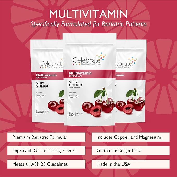Celebrate Vitamins Bariatric Multivitamin Soft Chews - Essential Vitamins &amp Minerals Sugar &amp Gluten Free - Gastric Bypass &amp Sleeve Gastrectomy Supplement - Cherry (180ct)