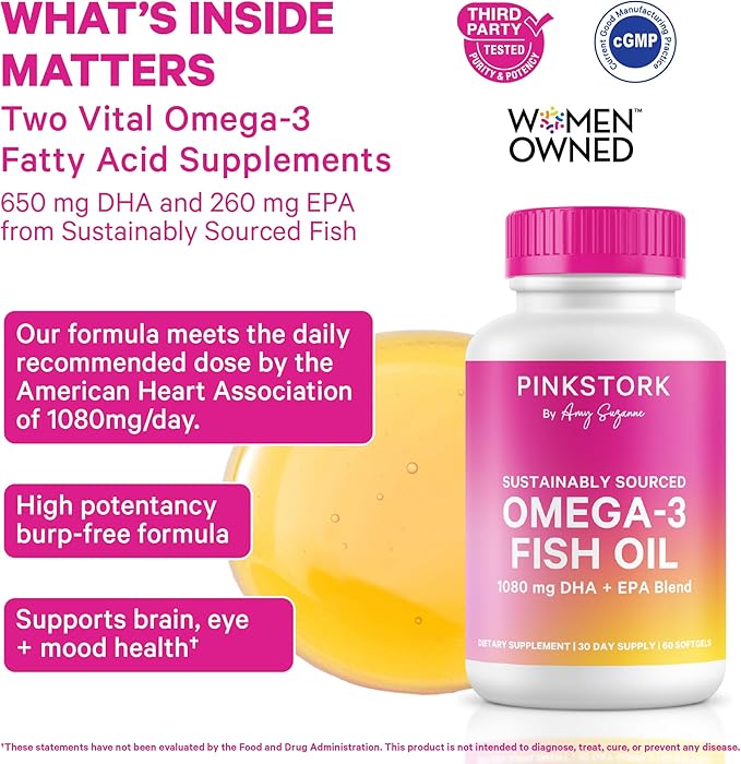 Pink Stork Omega 3 Fish Oil Supplements for Women with DHA and EPA - High Potency Burpless Omega-3 Supplement for Cognitive Health - 60 Softgels