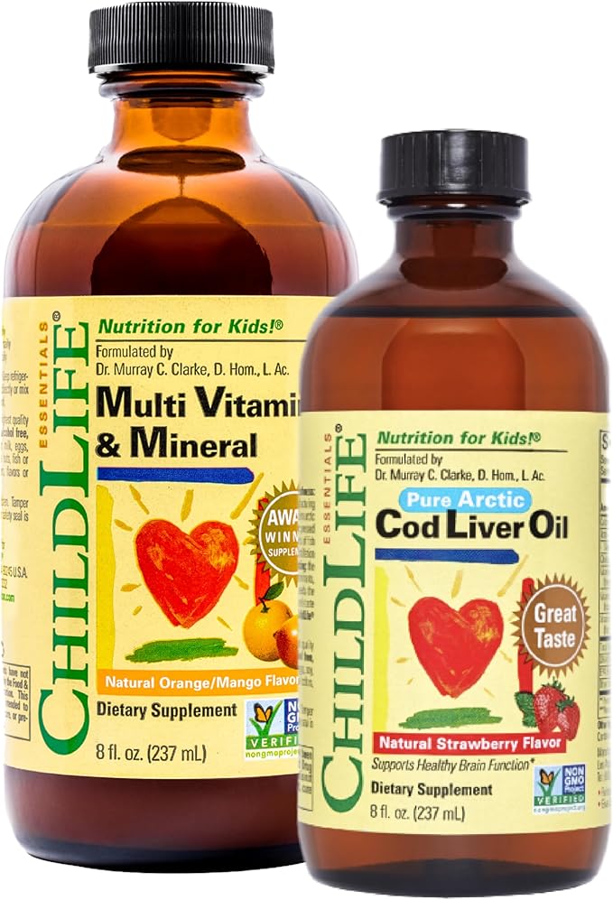 CHILDLIFE ESSENTIALS Kids Multivitamin &amp Mineral + Cod Liver Oil - Liquid Vitamins for Baby Kids &amp Toddlers Arctic Cod Liver Oil Added DHA EPA Omega-3 Fatty Acids Non-GMO Gluten Free -