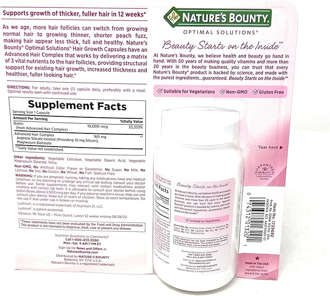 Nature's Bounty Hair Growth Supplement 1 Per Day Clinically Shown to Support Thicker Fuller Hair with Biotin Silicon &amp Arginine 90 Capsules