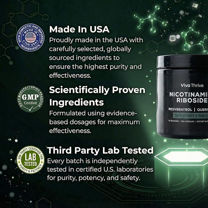 Advanced NAD+ Complex - NMNH Supplement Alternative - 50 Day Supply - Triple Action NAD+ Supplement - Nicotinamide Riboside - Resveratrol - Quercetin - Third-Party Tested - Made in USA