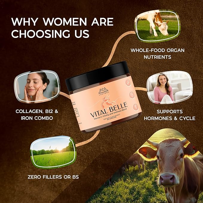 Vital Belle Grass Fed Beef Organ Supplement for Women – Nutrients from Bovine Liver Heart &amp Kidney – Balanced Energy &amp Daily Wellness Support – 60 Grassfed Capsules – Pasture-Raised Organ Ble
