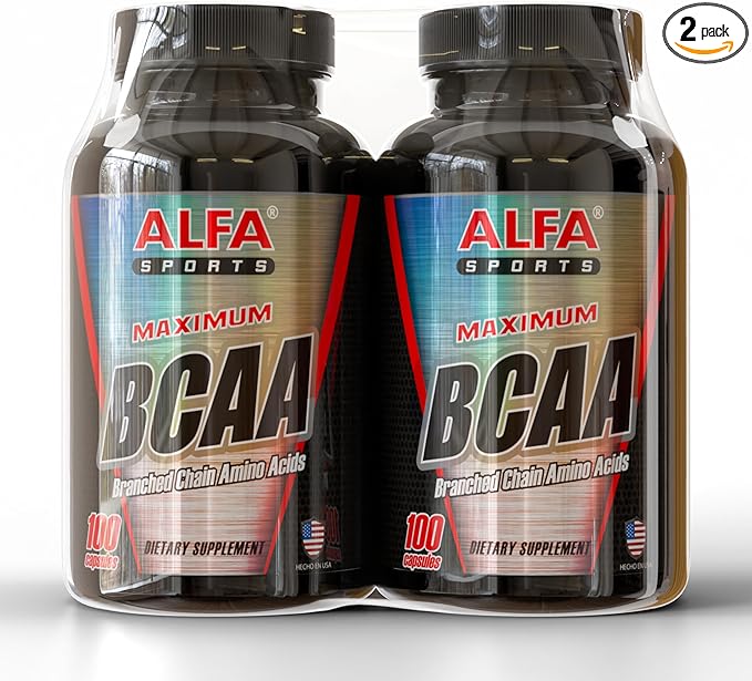 Maximum BCAA By Alfa Sports – Branched-Chain Amino Acids Supplement with L-Leucine L-Isoleucine &amp L-Valine – Muscle Support Formula - 100 Capsules (2-Pack)