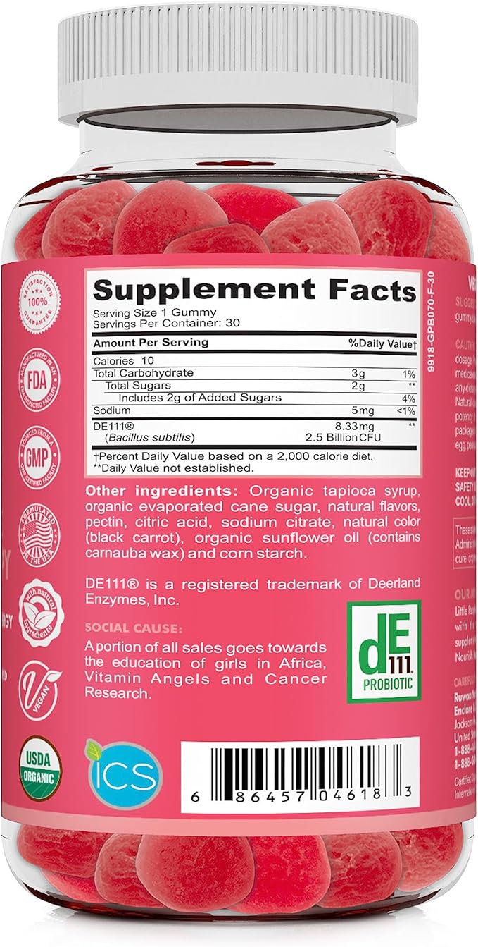 RUWAA NUTRITION Kids Organic Probiotic Gummies for Digestive Health Immune Support Constipation Bloating. 2.5 Billion CFU Strawberry Flavor Chewable Probiotics for Children Ages 4+ 30ct (1)