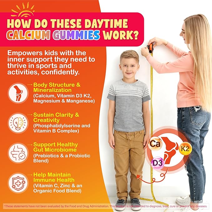 Kids Calcium Magnesium Supplement Gummies - Calcium Citrate 800mg with Magnesium Glycinate 200mg L-Theanine Vitamin D3 K2 &amp Omega-3 Multivitamin for Kids Day &amp Night Gummies - Vegan Sugar F