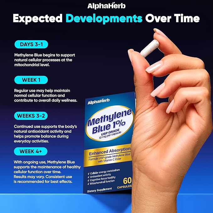 Methylene Blue Pharmaceutical Grade USP Grade – Enhanced Absorption with Vitamin C Ester &amp Cacao Powder – Energy Antioxidant Support &amp Cognitive Focus – 60 Methylene Blue 1% Vegan Capsules