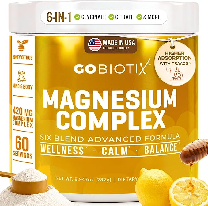 GoBiotix Magnesium Glycinate Powder – Cortisol Supplements for Women and Men – High Absorption Magnesium Complex Calm Supplement with Citrate Malate – Sugar Free – 420 mg 60 Servings - Honey Citrus