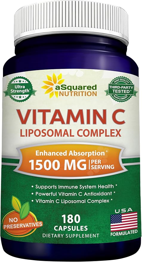 aSquared Nutrition Vitamin C Liposomal Complex - 1500mg Supplement - 180 Capsules - High Absorption VIT C Ascorbic Acid Pills - Supports Immune System &amp Collagen Health - 90 Servings