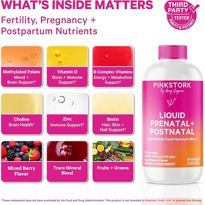 Pink Stork Liquid Prenatal Vitamins for Women - for Fertility Pregnancy Postpartum - Morning Sickness Support - 64 Servings - 2 Pack