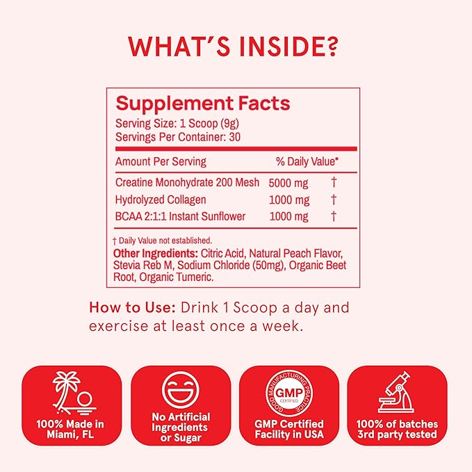 Peach Perfect Creatine Monohydrate Powder Glute Builder Creatine for Women with Collagen BCAAs 5g Vegan Micronized Creatine per Serving for Energy Muscle Support 30 SVG Peach Flavor