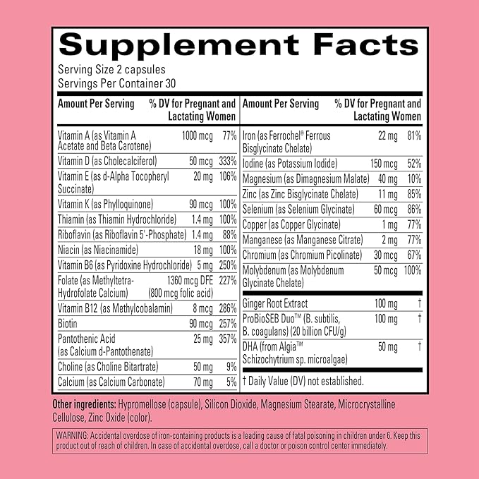 Hyland's Easy Morning Prenatal Multivitamin and Digestive Health and Morning Sickness Relief 60 Vegan Capsules with Folate Choline Zinc Ginger Root Prebiotics and Algae DHA (Pack of 2)