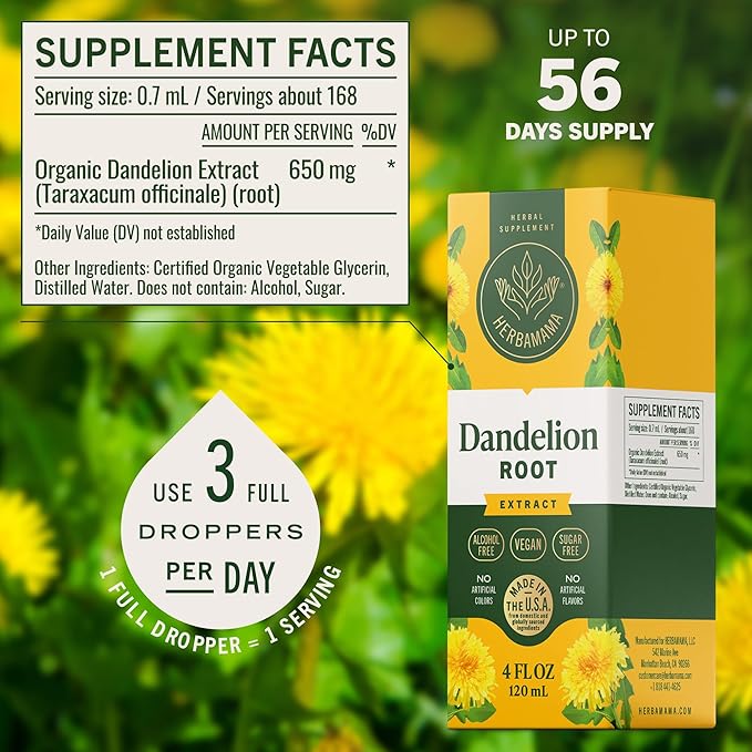 HERBAMAMA Dandelion Root Extract for Liver Cleanse – Lymphatic Drainage Drops – Dandelion Root Supplement – Non-GMO Alcohol &amp Sugar-Free Liver Support Supplement - 56-Day Supply