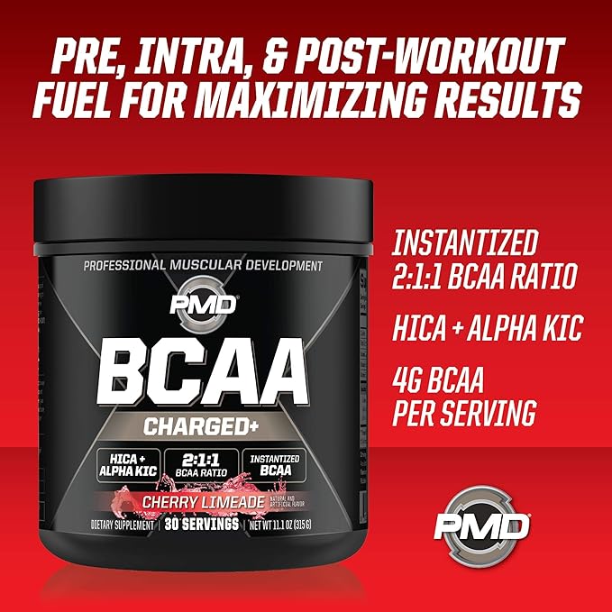 PMD Sports BCAA Charged Delicious Amino Acid Drink Mix for Performance Recovery Endurance and Hydration - Increase Muscle Function for Workout and Daily Energy – Cherry Limeade (30 Servings)
