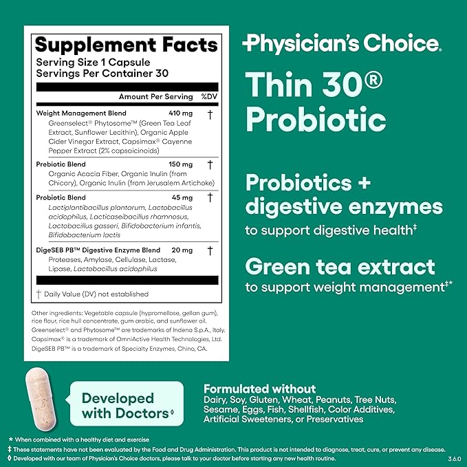 Physician's CHOICE Probiotics for Weight Management &amp Bloating - 6 Probiotic Strains - Prebiotics - Key ingredient Cayenne - Supports Gut Health - Weight Management for Women &amp Men - Green Tea