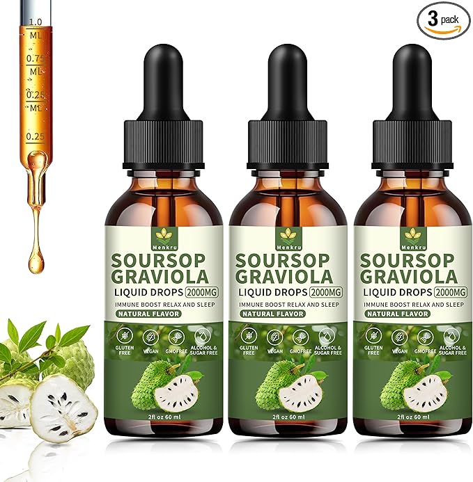 (3 Pack) Soursop Graviola Liquid Drops 2000mgImmune BoostCell Support &amp RegenerationNatural AntioxidantSoursop Extract - 98% Sugar/Gluten Free Natural Flavor 6 Fl Oz