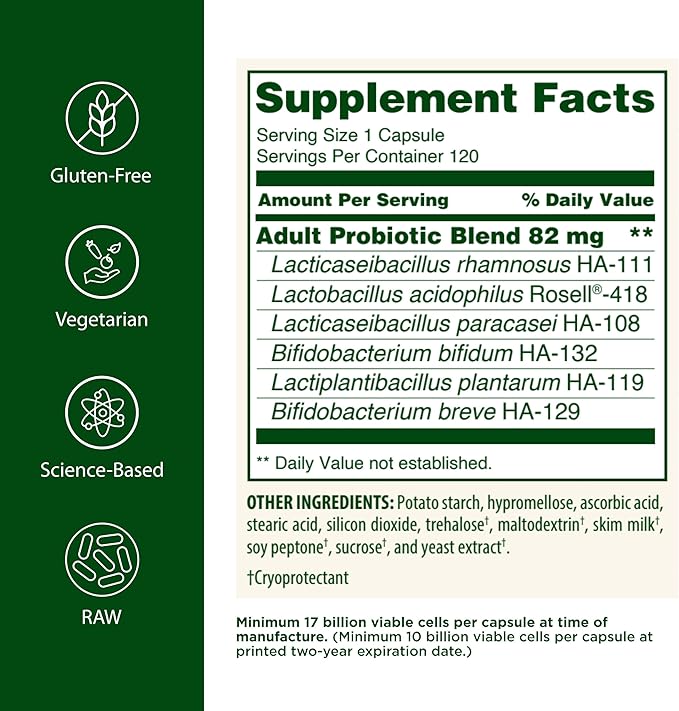 Flora - Adult's Probiotic Blend Six Adult-Specific Strains Gluten Free Raw Probiotic with 17 Billion Cells 120 Vegetarian Capsules