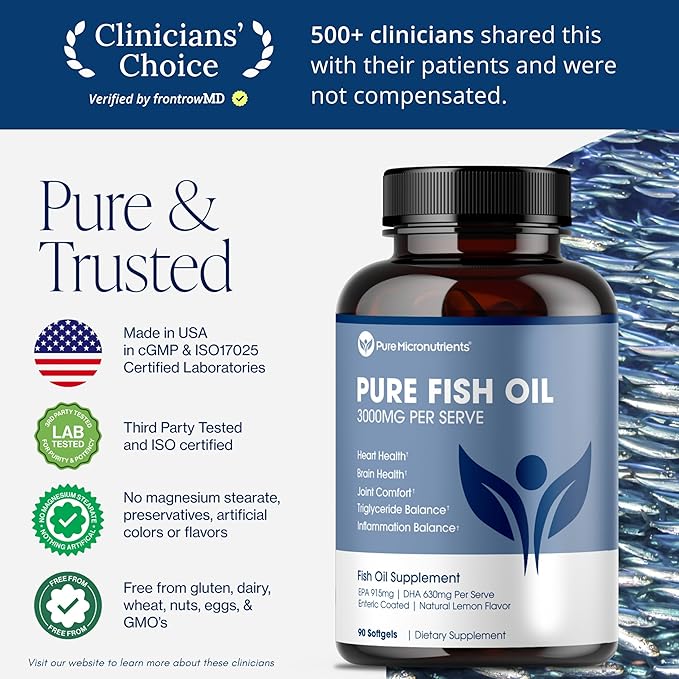 Pure Micronutrients - Omega 3 Fish Oil Supplement EPA/DHA Fatty Acids Burpless Fish Oil Supplements with Lemon - Heart Eye Brain &amp Immune Support - 90 Softgels