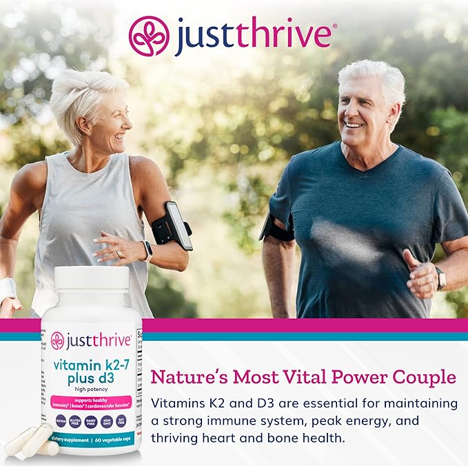 Just Thrive Vitamin K2-7 Plus D3 - Immune Heart and Bone Health Supplement 60 Vegetable Capsules