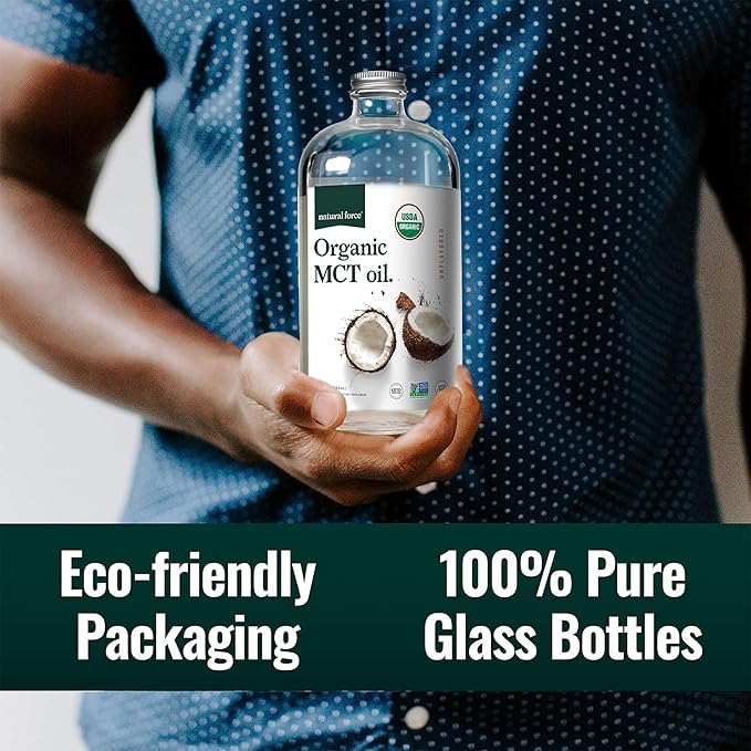 Natural Force Organic MCT Oil – Pure Glass Bottle – Made from 100% Virgin Coconut Oil + Certified Keto Paleo Kosher Vegan &amp Non-GMO – Lab Tested for Quality and Purity - 32 Ounce