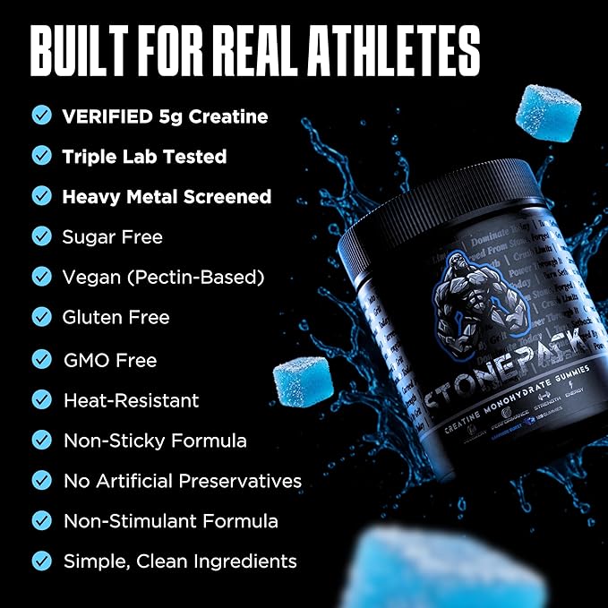 STONEPACK Creatine Gummies – The Only Lab-Verified 5g Creatine Monohydrate | Plus B12 for Energy Accurate Dosing Sugar-Free Vegan Gluten-Free | 120 Count Blue Raspberry Flavor