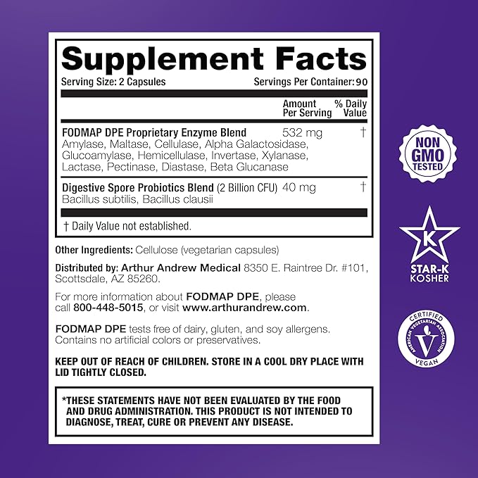 Arthur Andrew Medical - FODMAP DPE Digestive Probiotics and Enzymes Relief for FODMAP Intolerance and Highly Fermentable Foods Vegan Non-GMO 180 Capsules