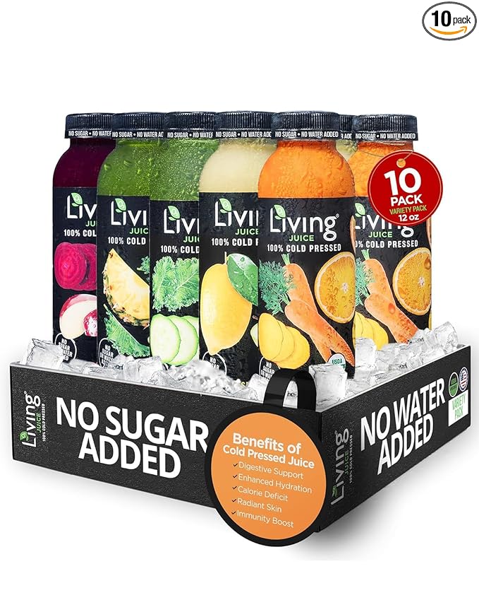 O2 Living Juice Cold Pressed Drink Variety Flavors Pack - Organic Juice Drinks - No Added Sugars or Water Natural Sweetness from Fruits Rich in Nutrients &amp Vitamins Non-GMO - 12oz 10-Pack