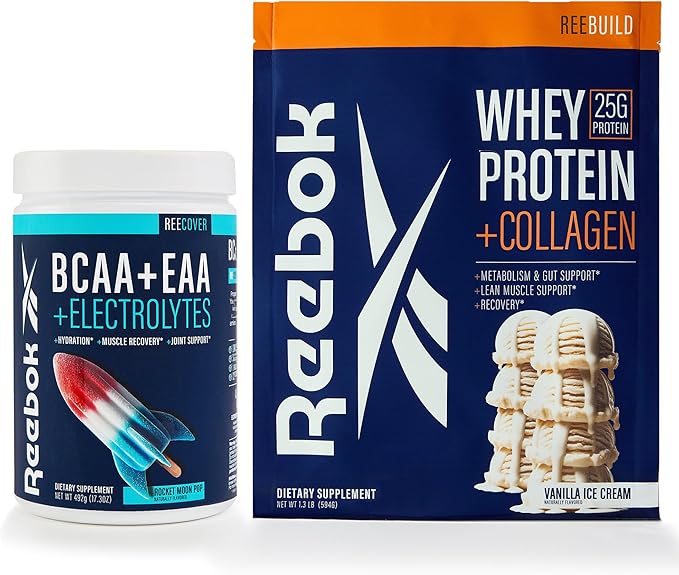 Reebok Post-Workout Amino Acids + Protein Bundle: REEcover Rocket Moon Pop + REEbuild Vanilla Ice Cream | Muscle Recovery Hydration Strength Joint Support