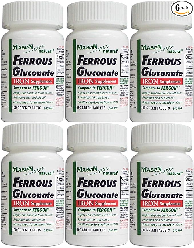 Mason Vitamins Iron Ferrous Gluconate 240Mg Tablets 100 Count per Bottle Pack of 6 Total 600 Tablets