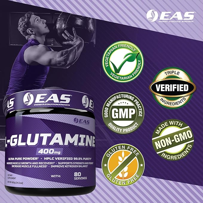 EAS L-Glutamine Powder | 99.5% Purity AjiPure Glutamine | Maximize Muscle Growth &amp Recovery | Improve Nitrogen Balance | 400mg 80 Servings (Unflavored)