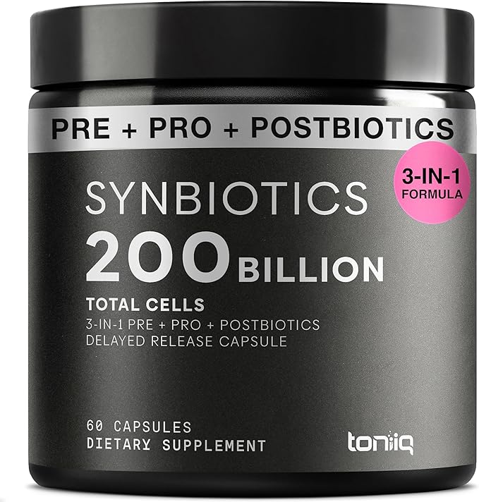 Toniiq Prebiotics and Probiotics – 200B CFU Synbiotic with Postbiotics IMMUSE® &amp ButyraGen® – 30 Strains for Gut &amp Digestive Health – Shelf-Stable – Third-Party Tested – 60 Capsules