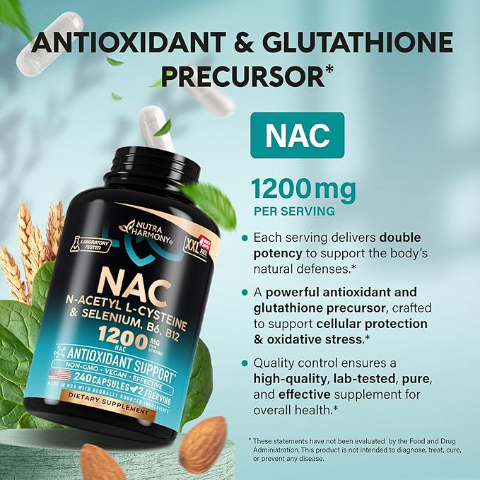 NAC Supplement | Selenium | B6 | B12 - Antioxidant Immune Support - N Acetyl Cysteine 600 mg per Capsule 1200 mg per Serving - Made in USA - Non-GMO Gluten-Free Vegan - 240 Caps 4 Month Supply