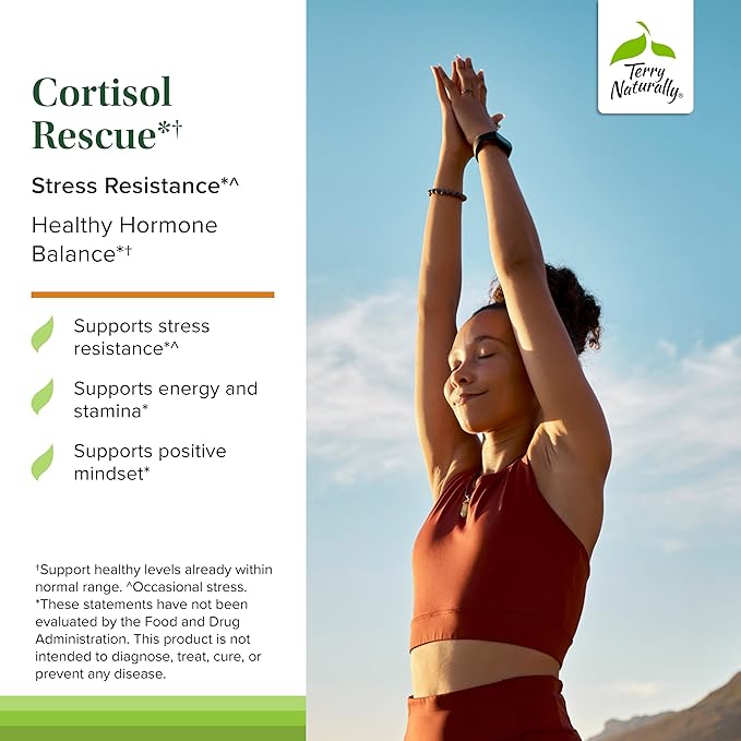 Terry Naturally Cortisol Rescue - Stress Response Support with Vitamin C &amp Bioactive B Vitamins - Adrenal Health &amp Energy Support Supplement - 60 Capsules (60 Servings)