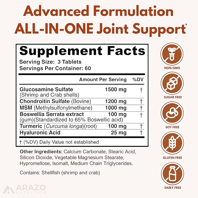 Arazo Nutrition Glucosamine Chondroitin Turmeric Msm Boswellia - Joint Support Supplement for Relief 180 Tablets for Bones Back Knees Hands (180 Tablets)