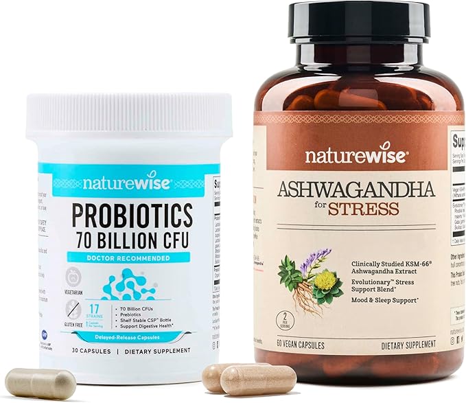NatureWise [1] Probiotics 70 Billion CFU + Organic Prebiotics - 30 Capsules[1-Month Supply] + [1] Ashwagandha for Stress + GABA &amp L-Theanine - 60 Capsules[30-Day Supply]