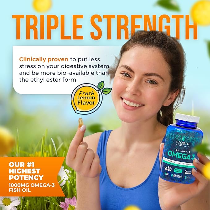 Omega 3 Fish Oil 2000 mg - High EPA 820 mg + DHA 620 mg - 180 Triple Strength Burpless Lemon Flavored Softgels